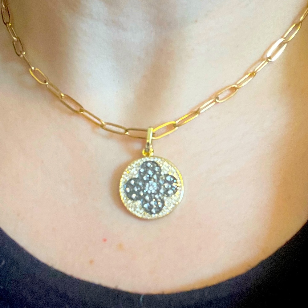 Paperclip necklace with clover, rhinestone, black, and diamond pendant